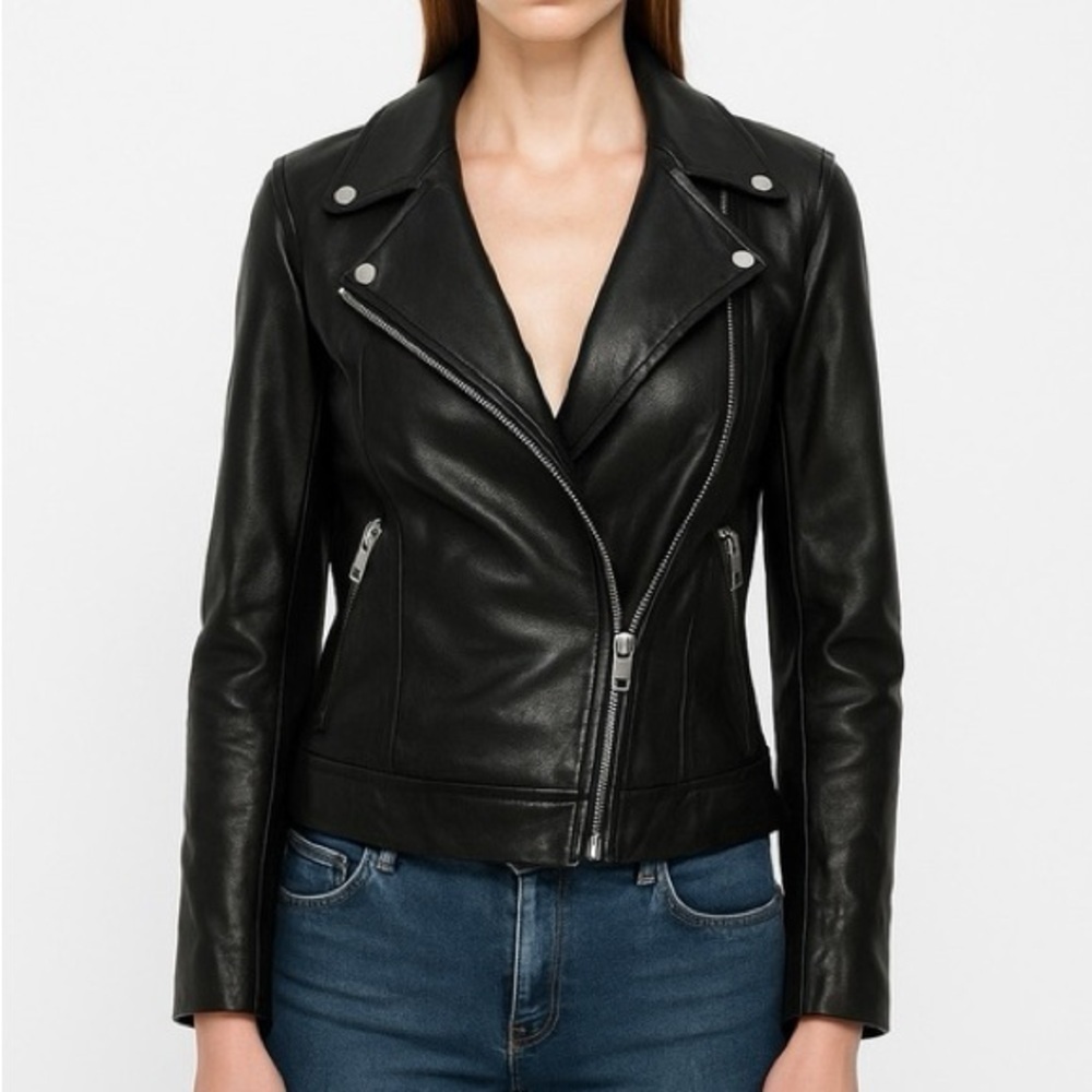 NWT LOFT Woman’s XS Black Leather Moto Asymmetrical Neckline Zip-Up Jacket - Picture 1 of 10